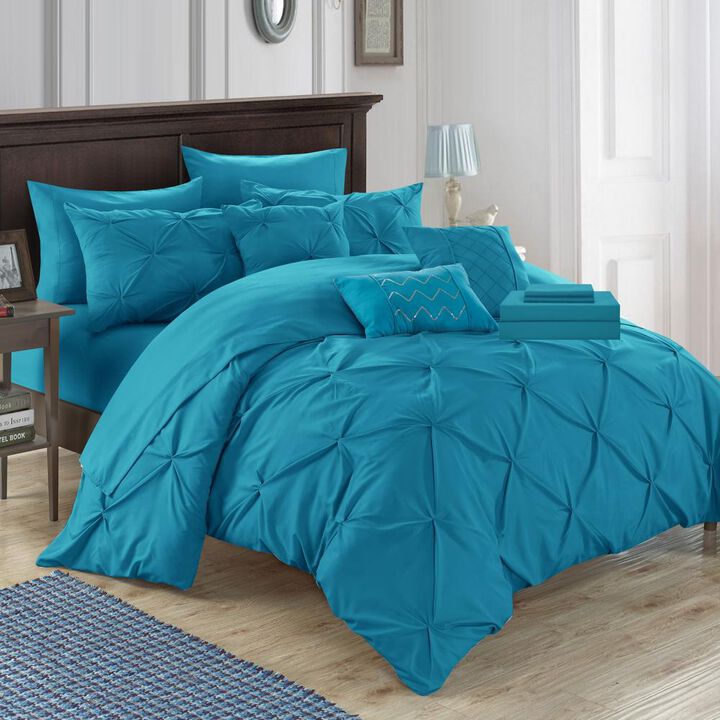 Chic Home Mycroft Pinch Pleated Ruffled Bed In A Bag Soft Microfiber Sheets 10 Pieces Comforter Decorative Pillows & Shams - Queen 90x90, Turquoise