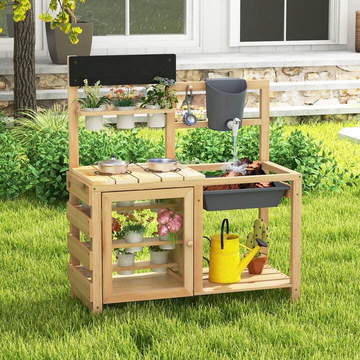 Kids Outdoor Wooden Mud Kitchen with Working Sink and Plant Viewing Box