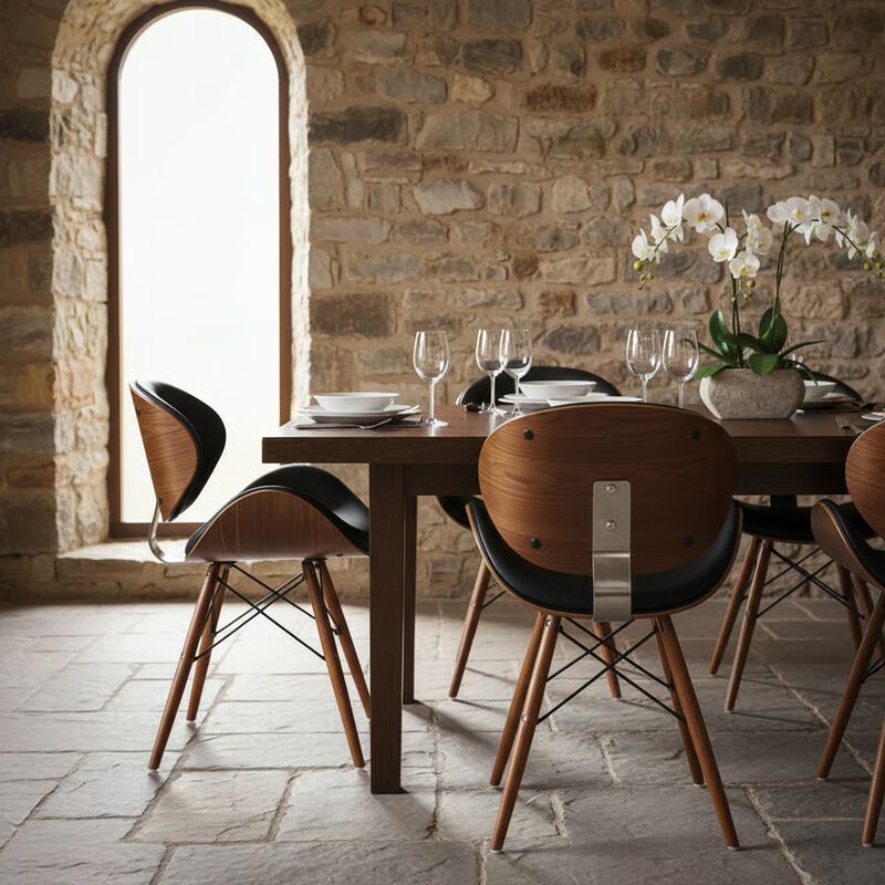 Mid-Century Dining Chair in Walnut Wood and Black Faux Leather image number 6