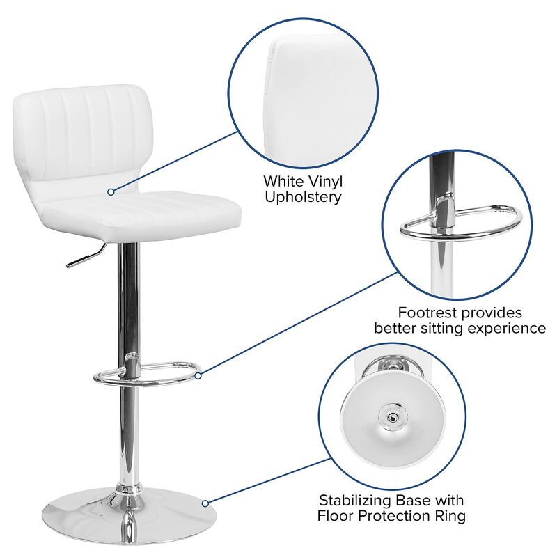 Flash Furniture Jeremy Contemporary White Vinyl Adjustable Height Barstool with Vertical Stitch Back and Chrome Base