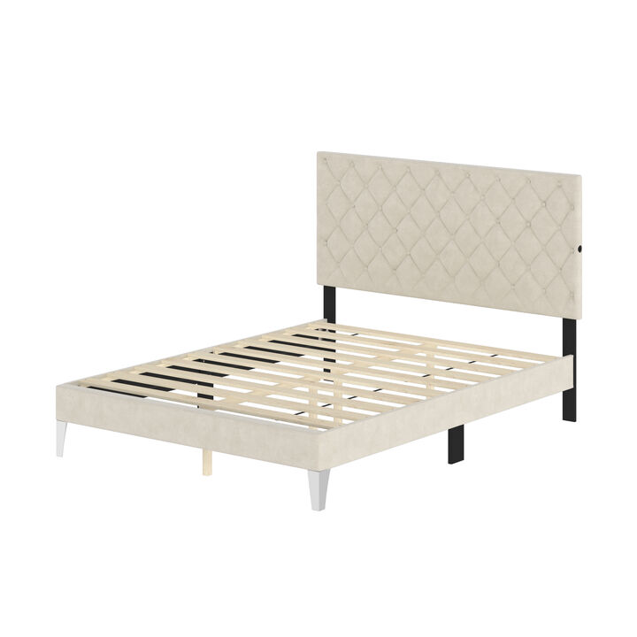 FUFU&GAGA White Diamond-Tufted Upholstered Bed with Reinforced Frame & High Legs, Queen Size Platform Bed with Slat Support System (81.9 in. L x 60.8 in. W x 46.5 in. H)