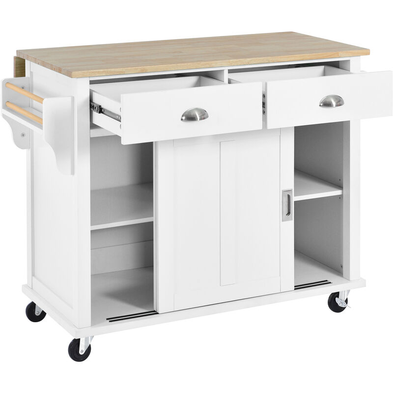Whisen Modern Kitchen Island with Rubber wood Drop-Leaf Countertop and Storage Cabinet - White
