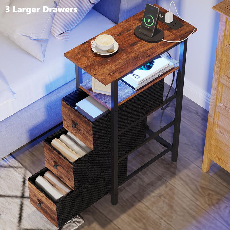 TRIFEBLE End Table with Charging Station, Narrow Side Table with 3 Fabric Drawers, Skinny Nightstand with LED Light, Slim Bedsid