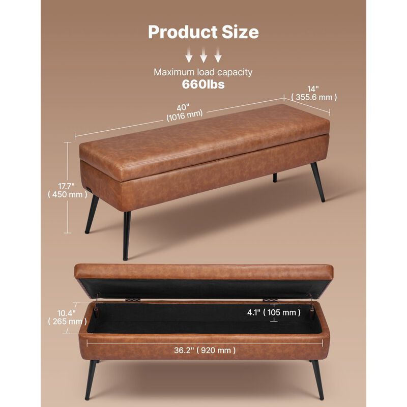 PU Leather Storage Ottoman Bench with Metal Legs, Upholstered Entryway Shoe Bench Seat-Brown image number 2