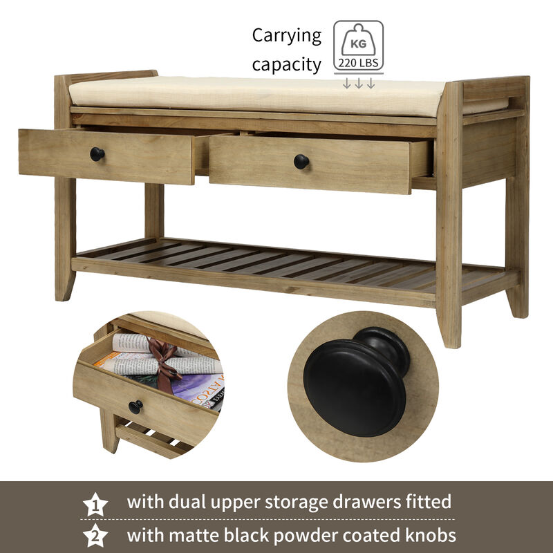 Shoe Rack with Cushioned Seat and Drawers, Multipurpose Entryway Storage Bench (Old Pine)