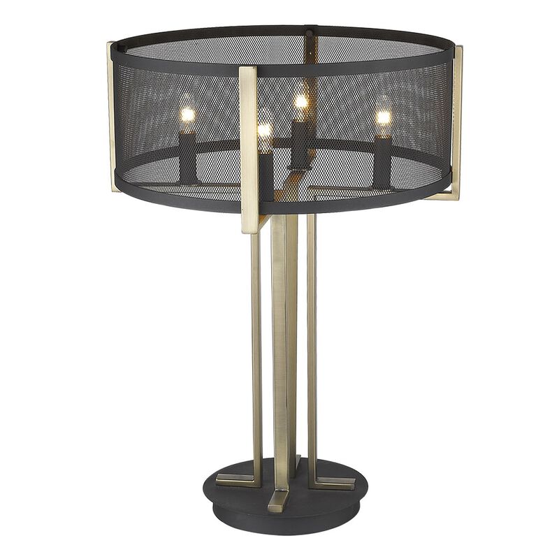 Hivvago 25" Brass Metal Four Light Geometric Table Lamp With Black Drum Shade