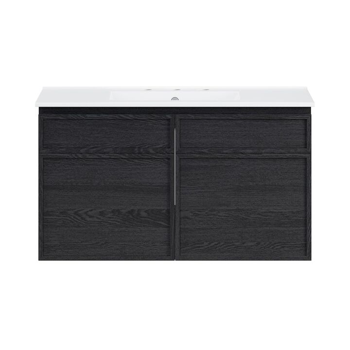 36" Wall-Mounted Bathroom Vanity in Black Oak with 3-Hole Widespread Sink Top
