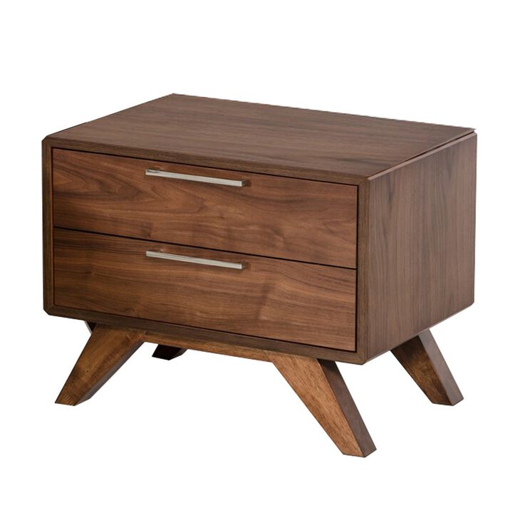 2 Drawer Wooden Nightstand with Metal Bar Handles and Angled Legs, Brown-Benzara