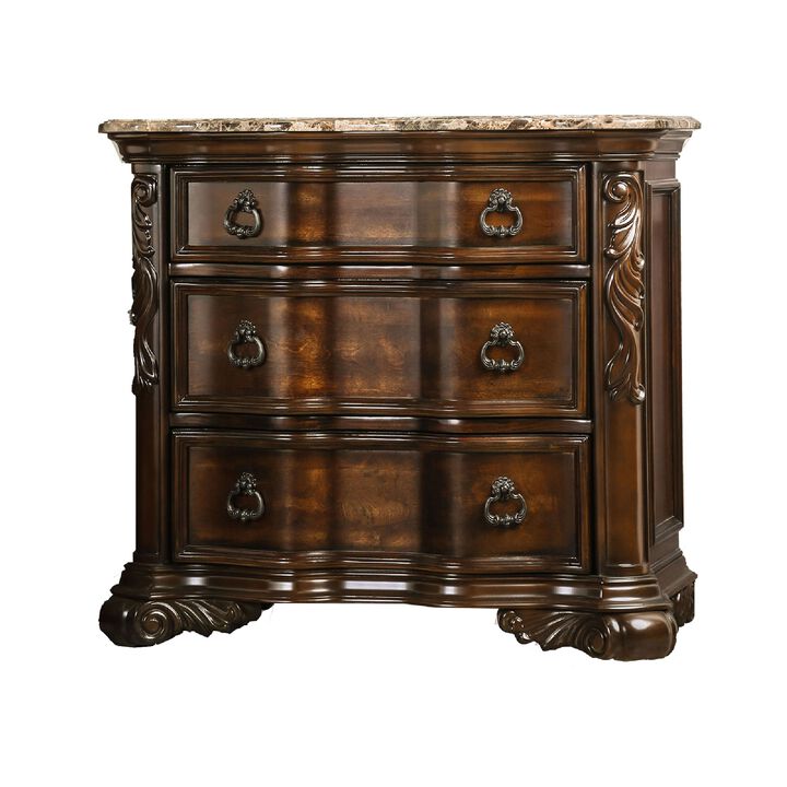 3 Drawer Wooden Nightstand with Marble Top and Scrolled Legs, Brown-Benzara