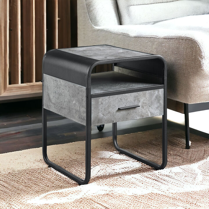 Rustic Wood and Metal Square Side Table with Drawer and Open Shelf for Home Decor