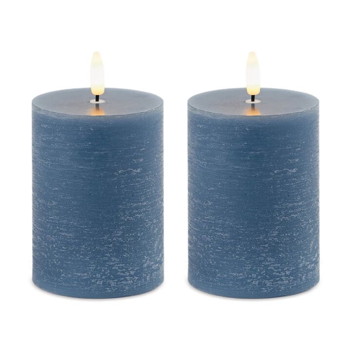 Set of 2 Blue Wax Pillar Candles with Flame-Like Wick for Tabletop or Shelf Decor