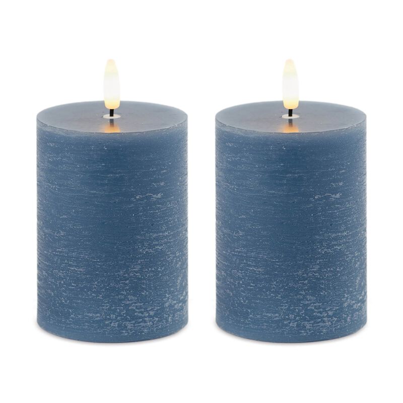 Set of 2 Blue Wax Pillar Candles with Flame-Like Wick for Tabletop or Shelf Decor