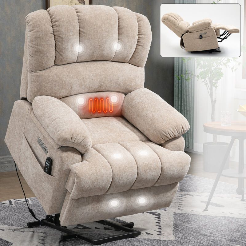 Mondawe 23" Seat Width and High Back Large Size Chenille Power Lift Recliner Chair with 8-Point Vibration Massage and Lumbar Heating