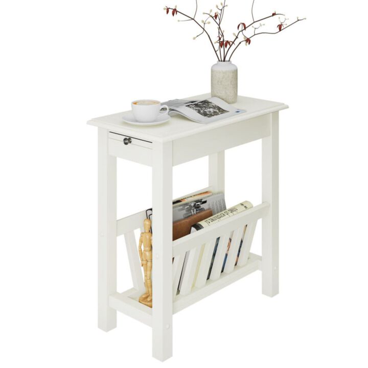 2-Tier End Table with Pull-out Tray and Solid Rubber Wood Legs
