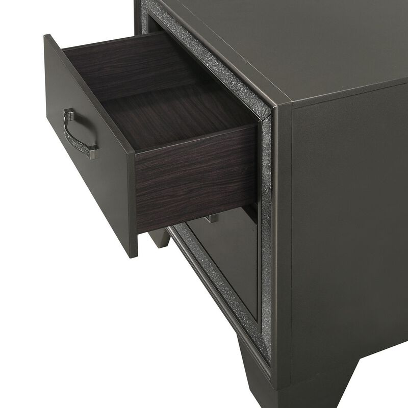 Kay 24 Inch 2 Drawer Nightstand, Faux Diamond Trim, Metal Handles, Gray - Benzara