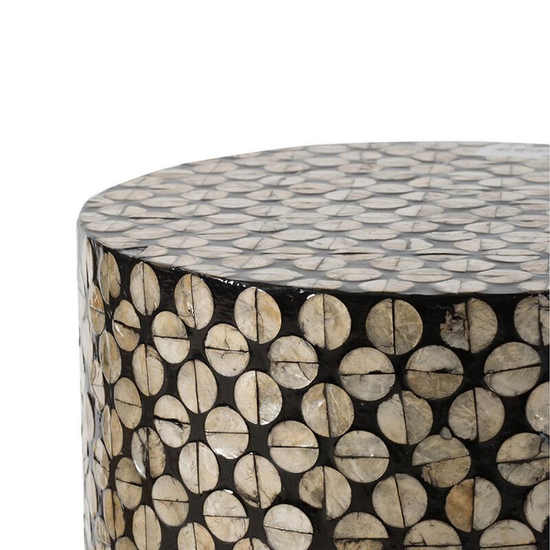 20 Inch Stool Table, Round Wood Design, Modern, Capiz Inlay, Black, White