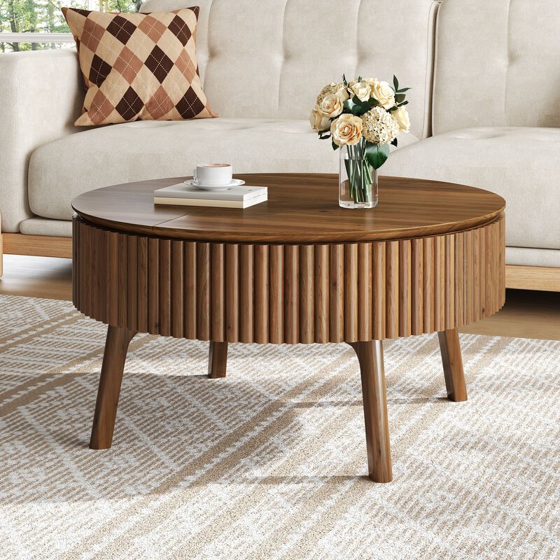 Whisen 30.3" Round Lift-Top Coffee Table, Solid Wood Mid-Century Modern Center Table with Hidden Storage for Living Room image number 2