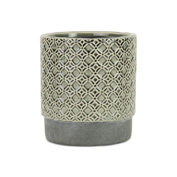 HomeRoots 6" Gray Geometric Ceramic Indoor Outdoor Round Pot Planter