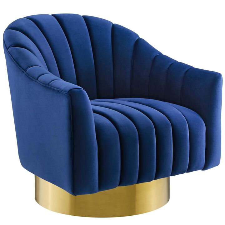 Modway Buoyant Channel Tufted Performance Velvet Accent Lounge Living Room Swivel Chair in Navy
