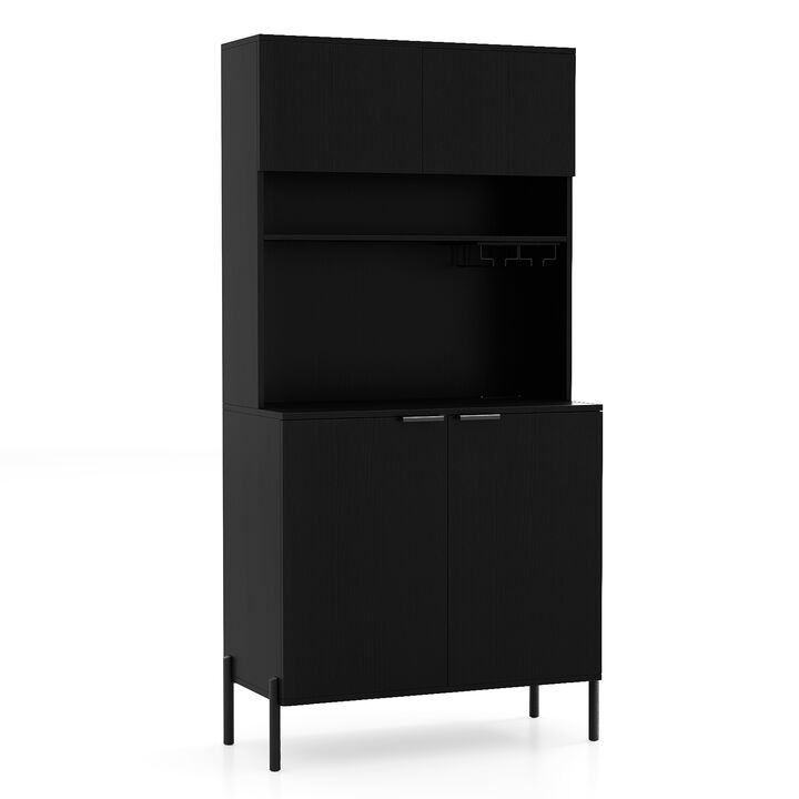 Tall Kitchen Storage Cabinet 64.5 Inches with Power Outlet and Wine Glass Rack