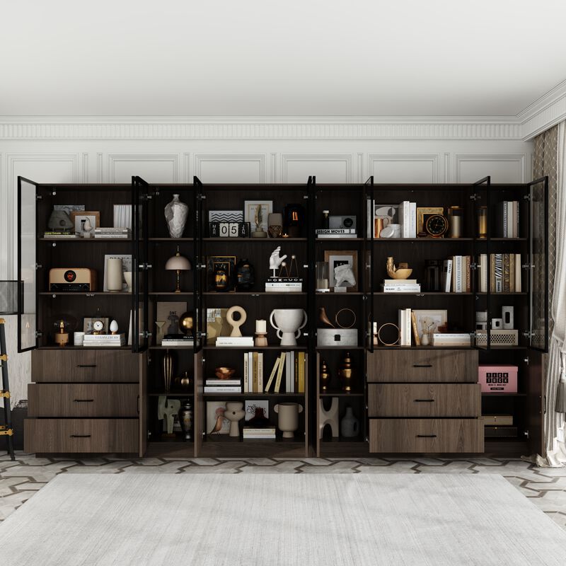 FUFU&GAGA 141.7" Woodgrain 6 Storage Cabinet with 9 Glass Doors & 6 Drawers, Tri-Color LED Lighting, Black Aluminum Frame (141.7 in. W x 15.7 in. D x 78.7 in. H) image number 3