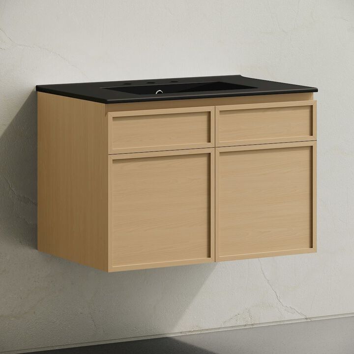 30" Wall-Mounted Bathroom Vanity, Natural Oak, Black 3-Hole Widespread Sink Top