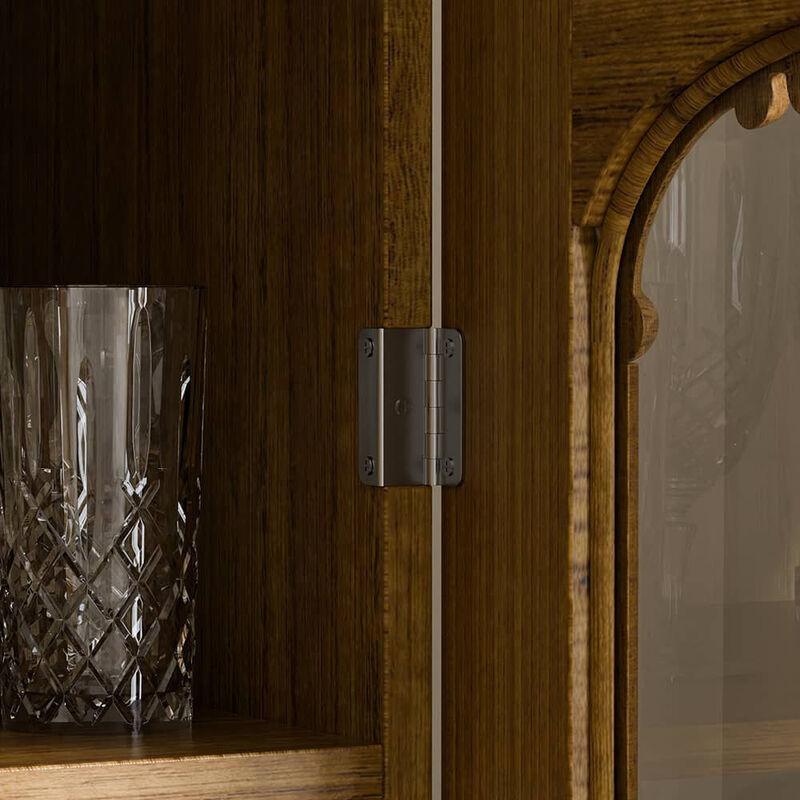 FUFU&GAGA Sideboard Diningware Cabinet, Brown Pine Wood Finish,Tempered Glass Shelves & Steel Accents, (31.5"W x 15.7"D x 47.2"H), Brown