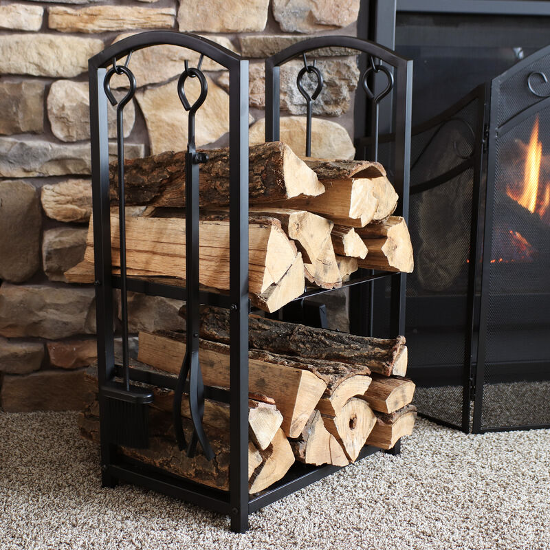Sunnydaze 4-Piece Steel Firewood Log Rack with Fireplace Tools