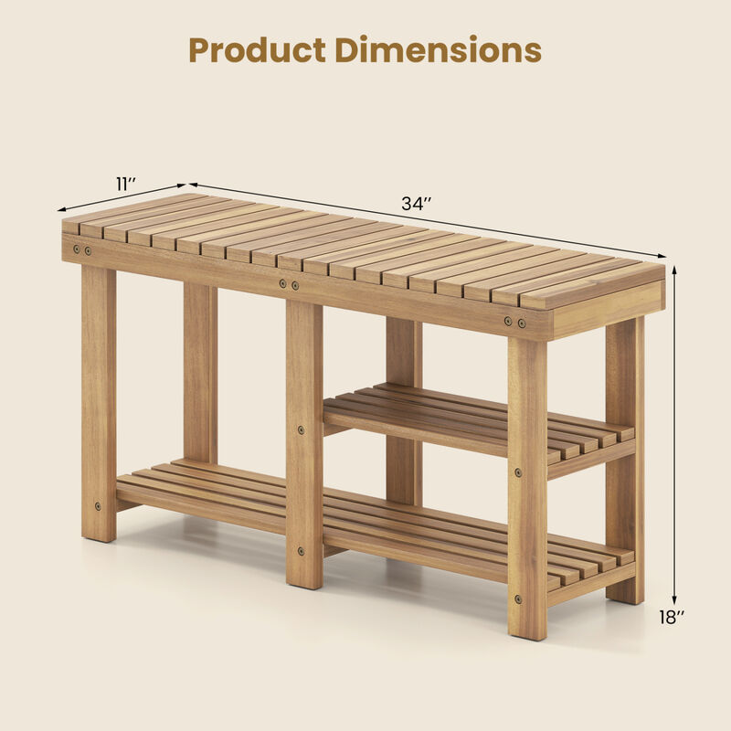 Entryway Shoe Rack Bench 3-Tier Solid Wood Slatted Design image number 2