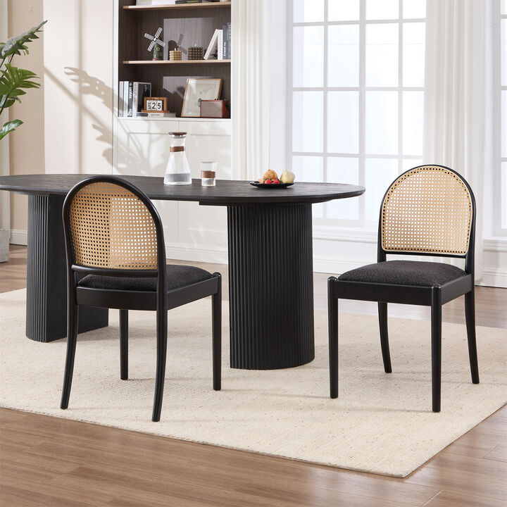 2 Pcs Modern Rattan Dining Chairs Linen Backrest Solid Wood Legs Dining Room Side Chairs