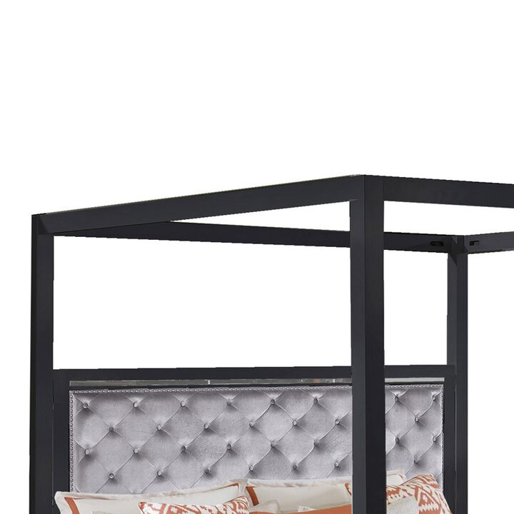 Abrie Solid Wood Canopy Queen Bed, Button Tufted, Touch LED, Dark Gray - Benzara