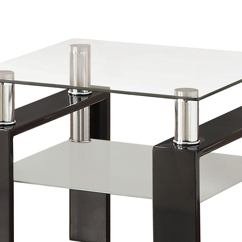 Glass Top End Table with 1 Bottom Shelf, Clear and Black-Benzara