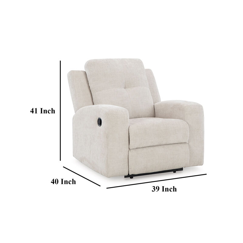 Genna Manual Recliner Chair, Light Beige Polyester, Soft Cushioned - Benzara