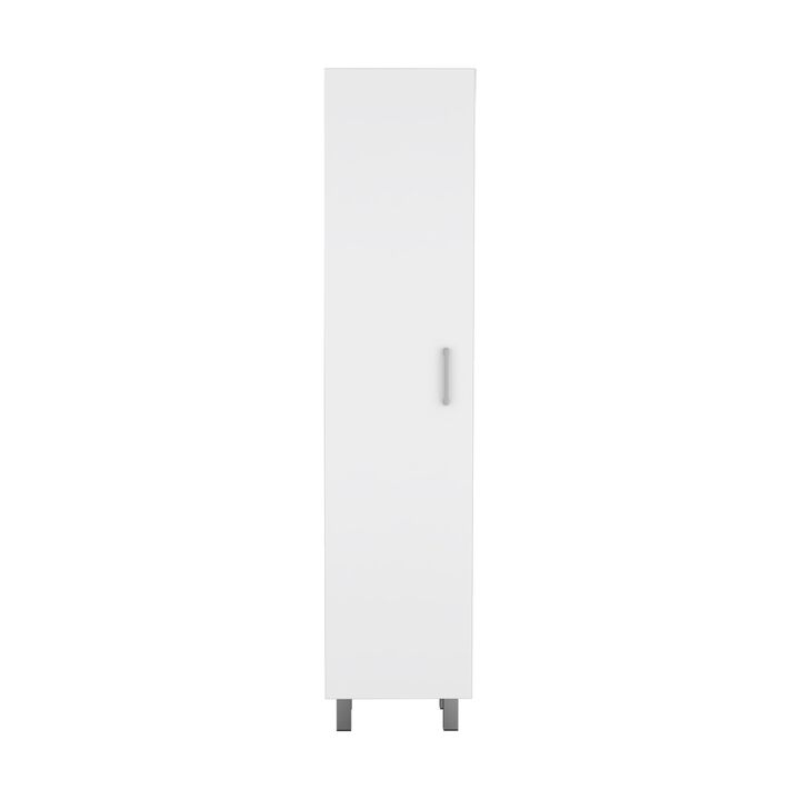 DEPOT E-SHOP Vernon Slim Storage Cabinet with 4-Tier Shelf and Broom Hangers, White