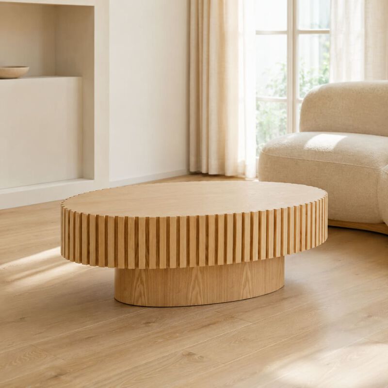 GOODSILO Modern Elliptical Drum Coffee Table with Sturdy Pedestal Base, 43.7 Inch Space Saving Oval Accent Table for Living Room and Bedroom Use image number 2