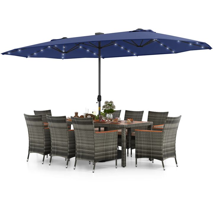 Mondawe 9-Piece Patio Dining Set,71" Acacia Table With 15ft Solar LED Umbrella & PE Rattan Chairs