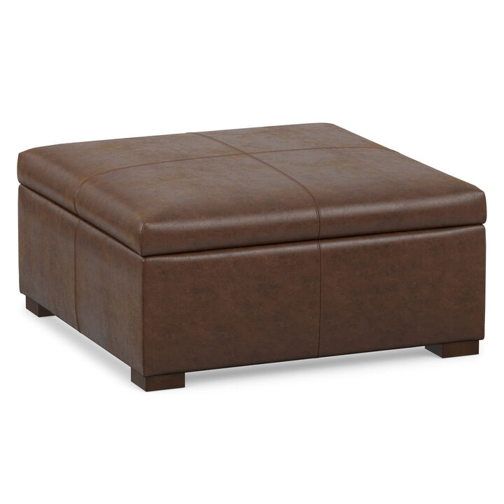 Gabbie 36 inch Wide Contemporary Square Square Coffee&nbsp;Table Storage Ottoman in Distressed Chestnut Brown Vegan Faux Leather, Assembled