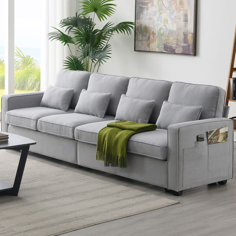 Whisen Modern Linen Fabric Sofa with Armrest Pockets and 4 Pillows, Minimalist Style Couch - Gray