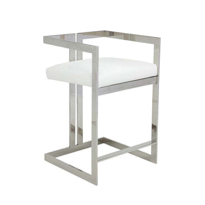 Suki 26 Inch Counter Stool Chair, White Faux Leather, Stainless Steel - Benzara