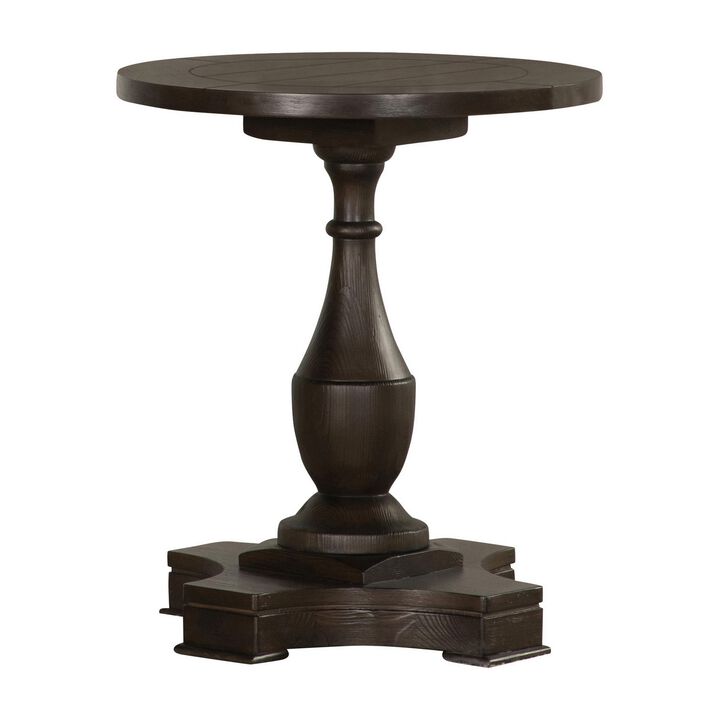 Aria 24 Inch Side End Table, Round Plank Top, Turned Pedestal, Dark Brown-Benzara
