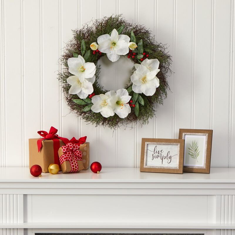 HomPlanti 20" Cedar, Amaryllis and Ruscus with Berries Artificial Wreath