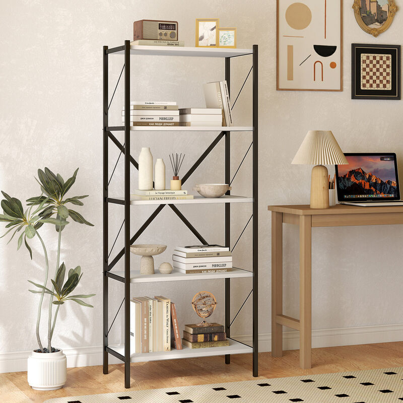 Modern 5-Tier Bookshelf Industrial Bookcase Metal Frame Storage image number 4