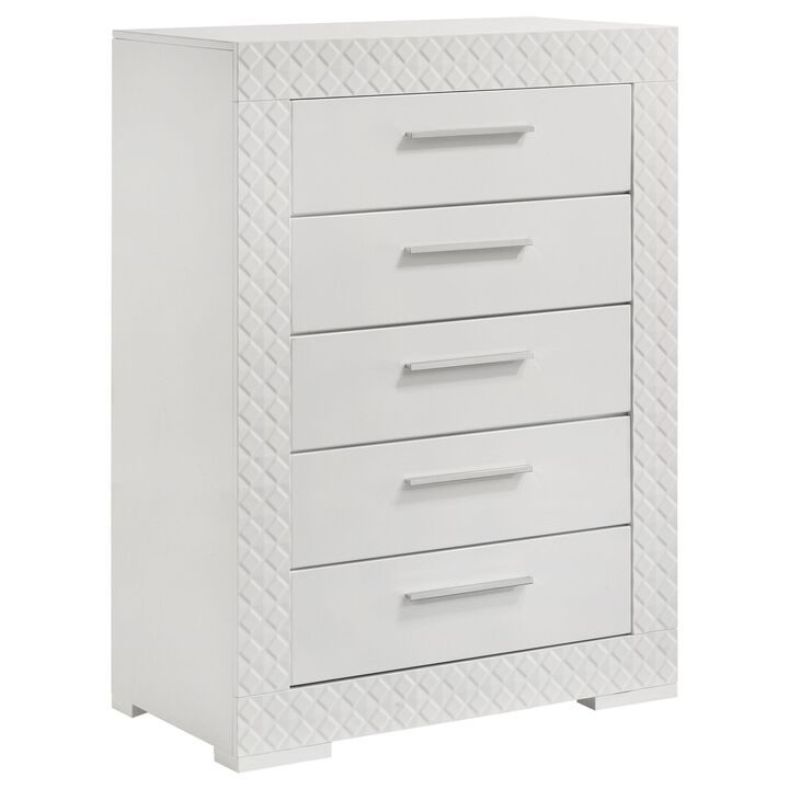 Ivon Tall Dresser Chest, 5 Drawers, Modern Glossy White Solid Hardwood - Benzara