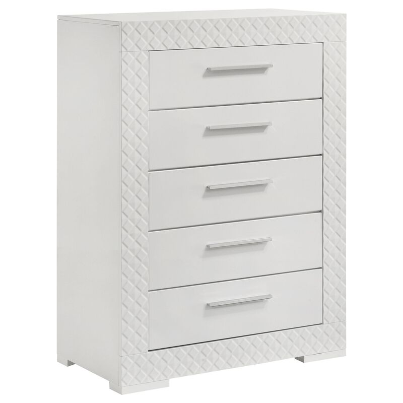 Ivon Tall Dresser Chest, 5 Drawers, Modern Glossy White Solid Hardwood - Benzara