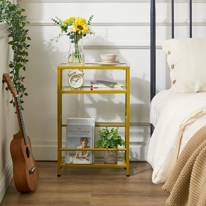 IBUYKE Glass End Table for Small Space, Narrow Side Tables with Storage Shelf, Bedside Table Slim Nightstand with Magazine Holde