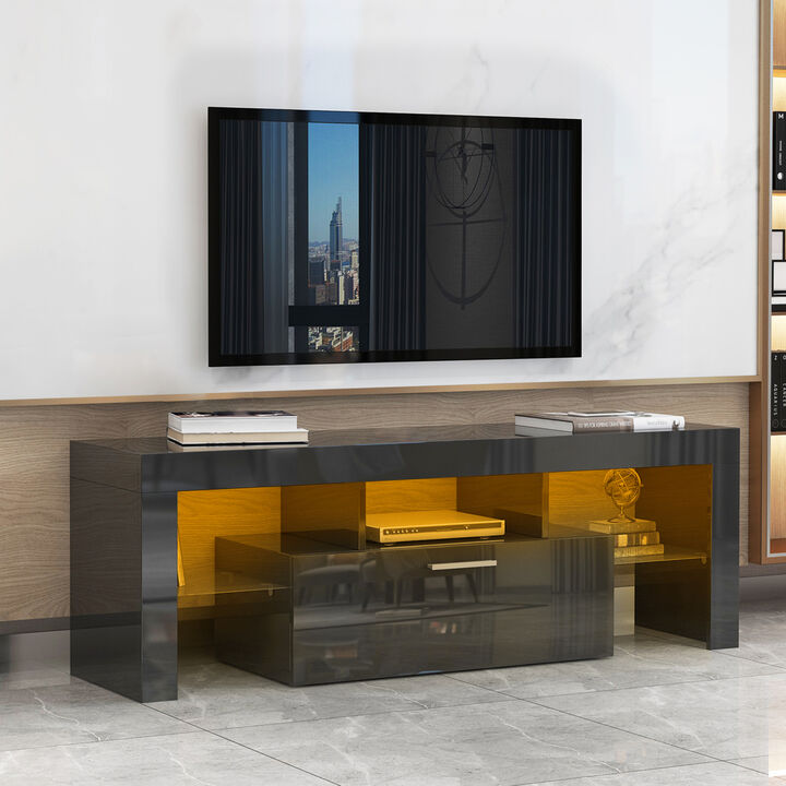 Black Modern TV Stand with LED Lights, high glossy front TV Cabinet, can be assembled in Lounge Room, Living Room or Bedroom, color:BLACK