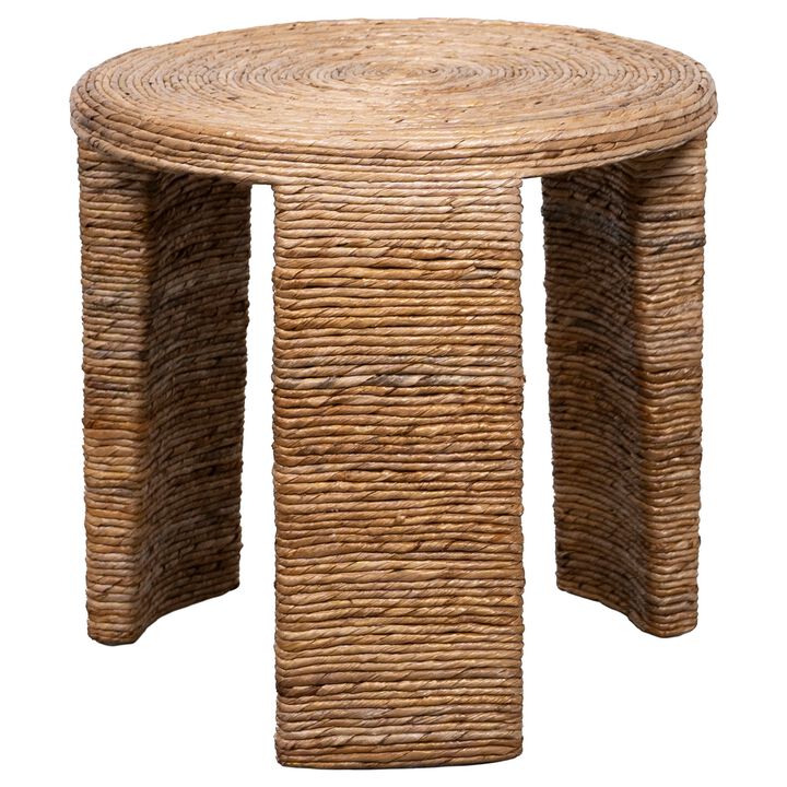 Asha 22 Inch Side End Table, Round Shaped Top with Natural Rattan Wrapping