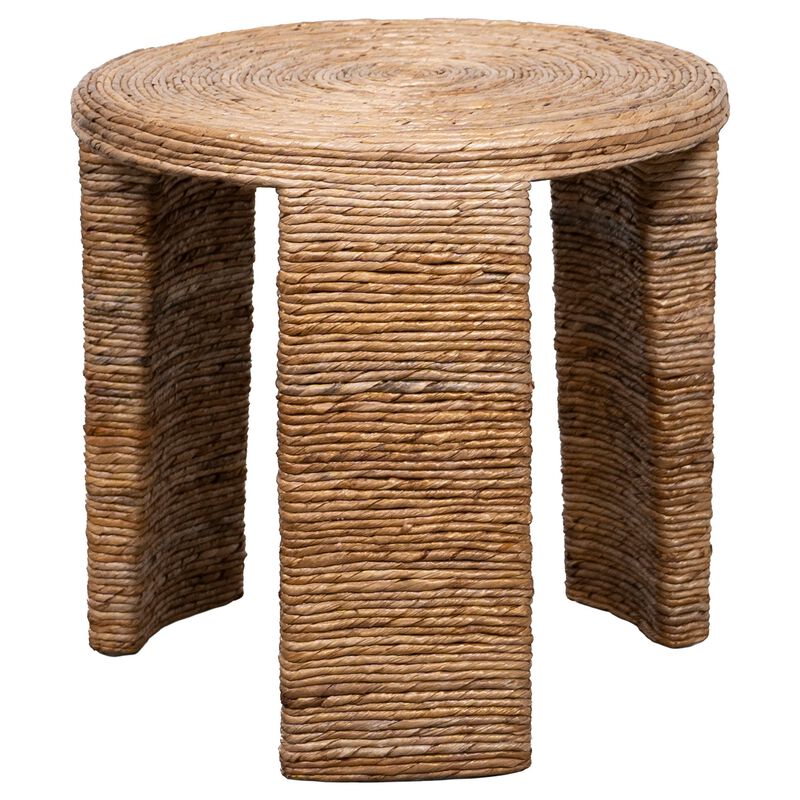 Asha 22 Inch Side End Table, Round Shaped Top with Natural Rattan Wrapping
