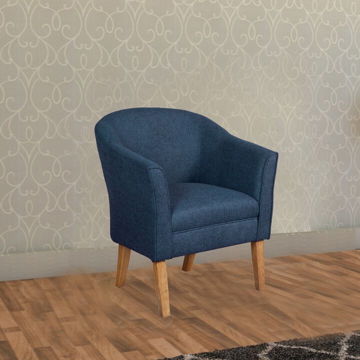 Fabric Upholstered Wooden Accent Chair with Curved Back, Blue and Brown