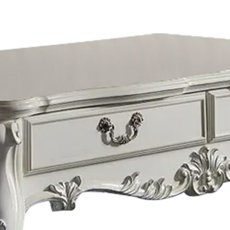 Benjara Ally 57 Inch Coffee Table, Aspen Wood, Classic Ornate Scrollwork, White and Silver